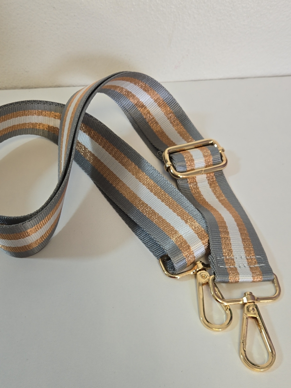 NWOT Striped Adjustable Crossbody Strap in Gray, White & Gold